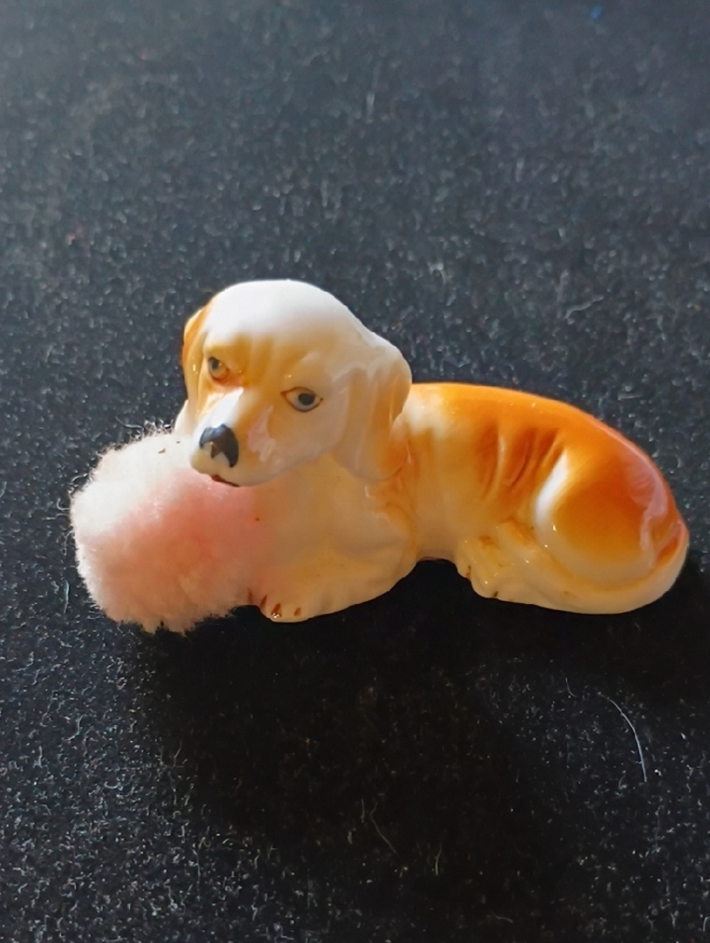 Vintage Ceramic Dachshund Figurine with Pink Pom Pom